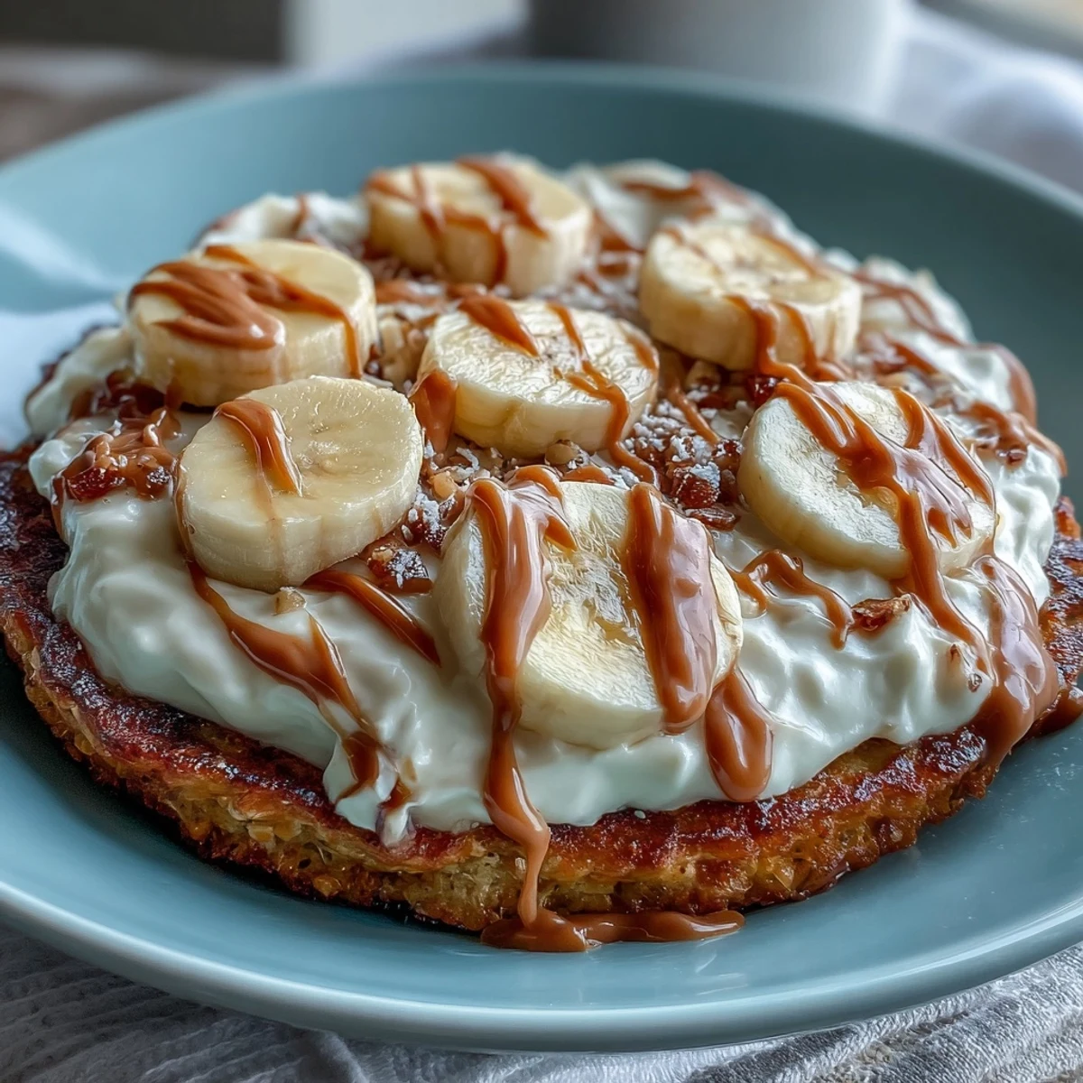 A slice of High-Protein Breakfast Pizza Bowl showing peanut butter drizzle and fresh banana slices.