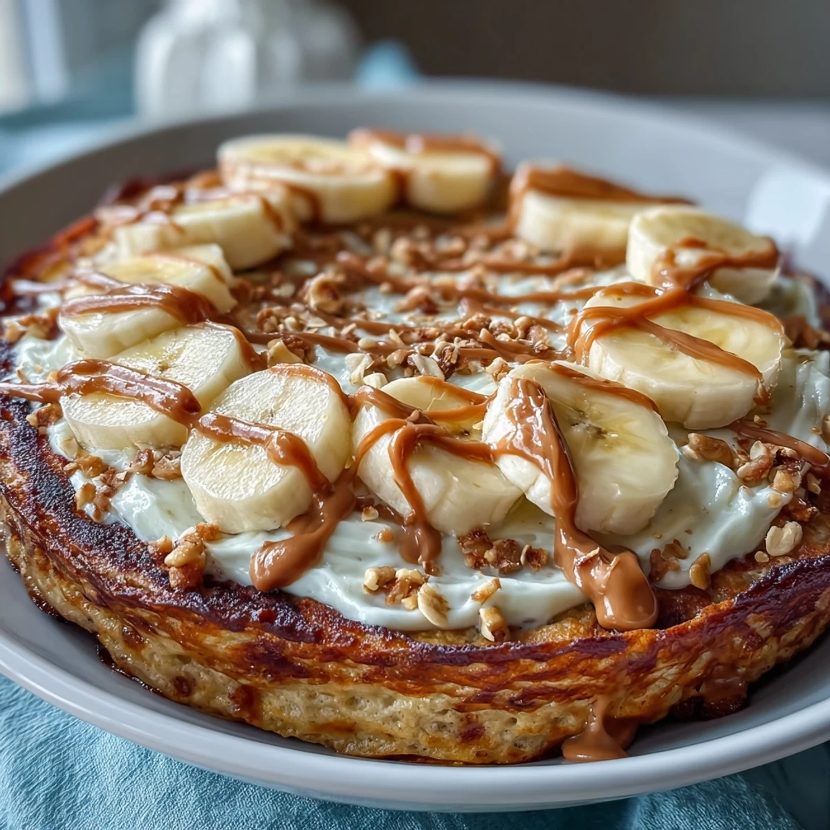 Serving suggestion for High-Protein Breakfast Pizza Bowl topped with bananas and peanut butter drizzle.