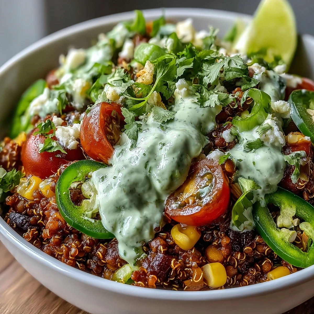 Hearty One-Pot Lentil Taco Meat Quinoa Bowls with Avocado Lime Crema, a vegan Mexican-inspired main dish packed with protein and bold spices.  