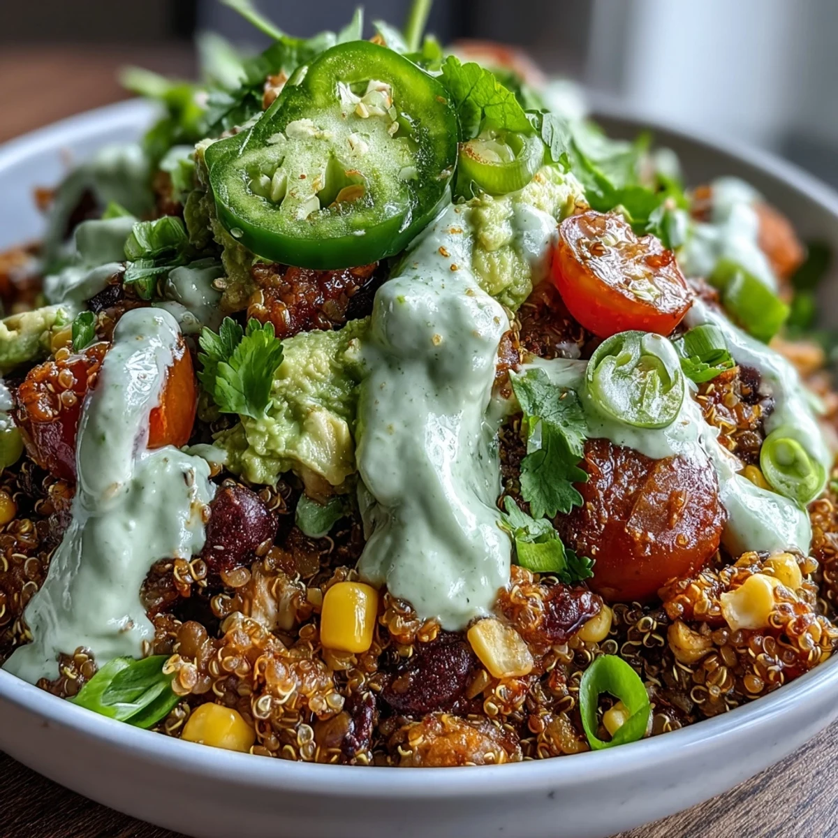 Flavorful plant-based lentil quinoa taco meat served in bowls with avocado lime crema, corn, cilantro, and jalapeño for a vibrant, nourishing dinner.