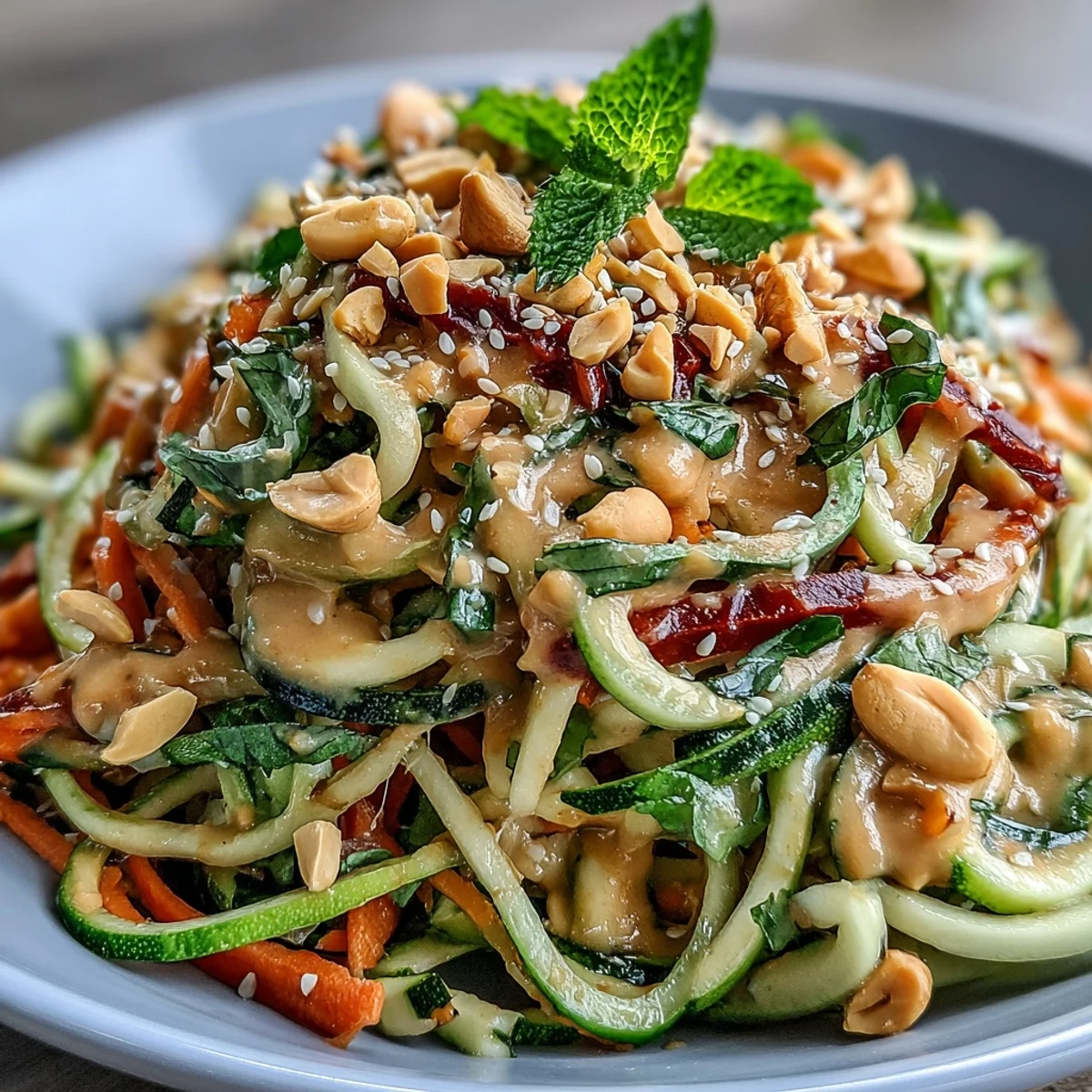Vibrant vegan Thai peanut zucchini noodle salad with crunchy veggie ribbons and creamy peanut dressing.  