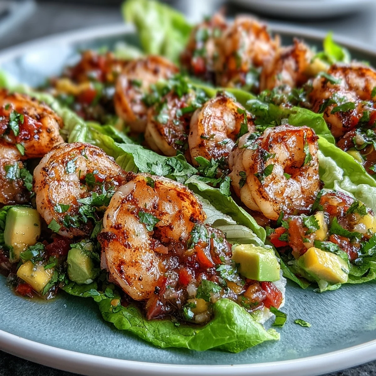 Fresh shrimp tacos with mango salsa and avocado, served in crisp lettuce cups for a light and healthy meal.  