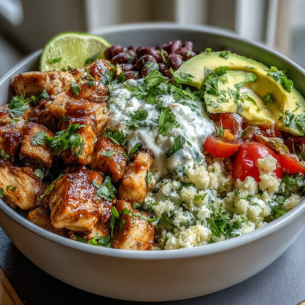 Vibrant 400-calorie burrito bowl with cilantro-lime cauliflower rice, tender chicken, and fresh toppings for a healthy, satisfying meal.