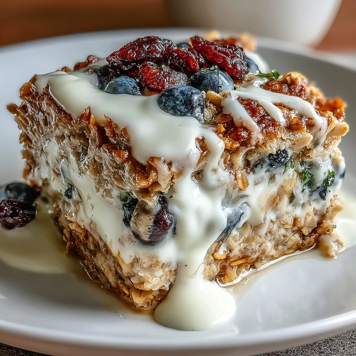 Healthy breakfast casserole featuring hearty oats, sweet blueberries, and a tangy Greek yogurt swirl—perfect for meal prep or brunch gatherings.