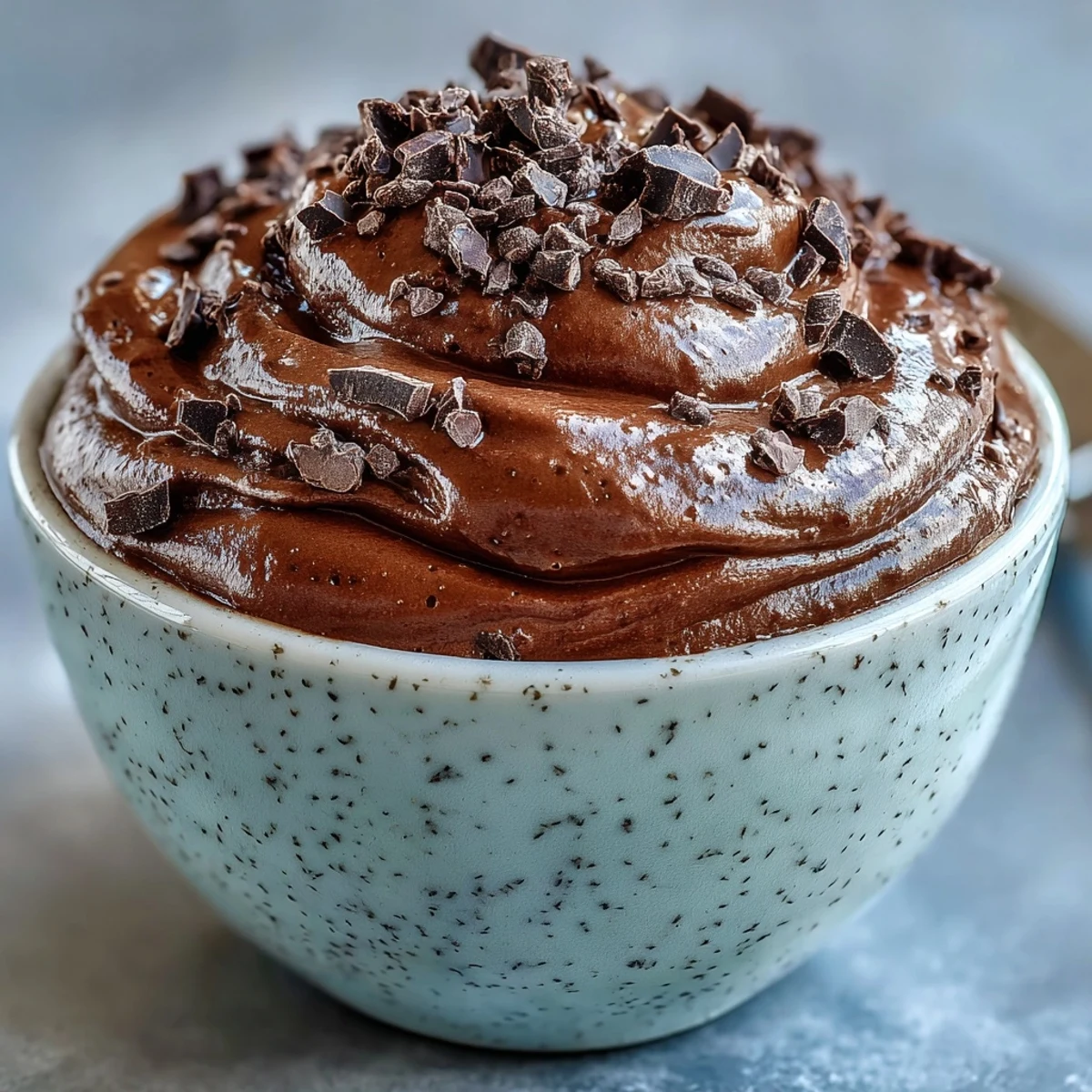 Creamy cottage cheese chocolate mousse with rich cocoa and dark chocolate, topped with fresh raspberries for a protein-packed dessert.