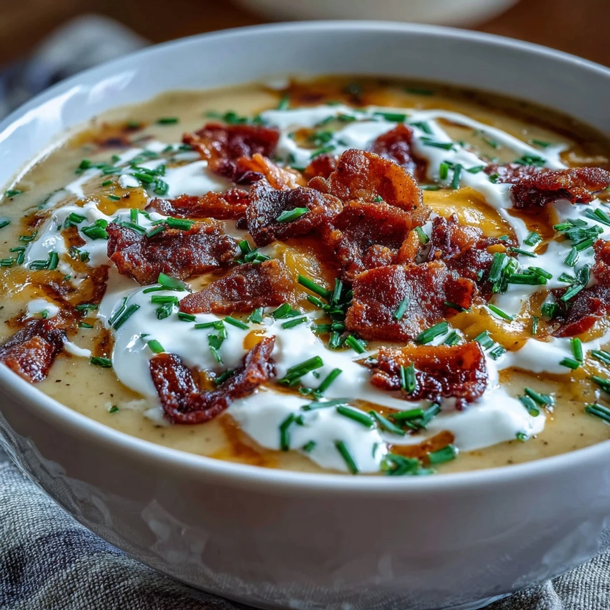 Warm bowl of loaded baked potato soup topped with sharp cheddar, crispy bacon, and fresh chives for hearty comfort.