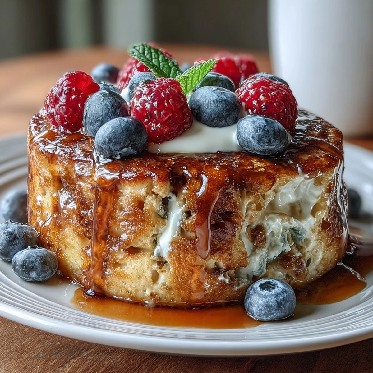 Fluffy baked protein pancake bowl packed with 40g of protein, topped with sliced strawberries and a drizzle of maple syrup.