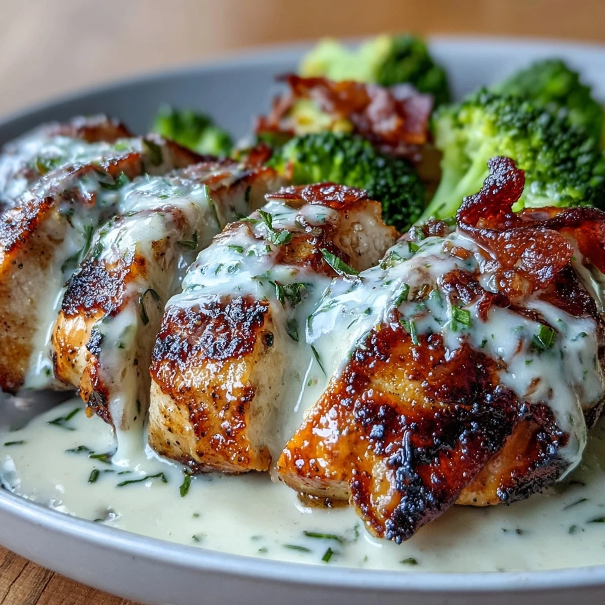 Juicy grilled chicken breast slices served over sautéed broccoli with a luscious garlic cream sauce.  