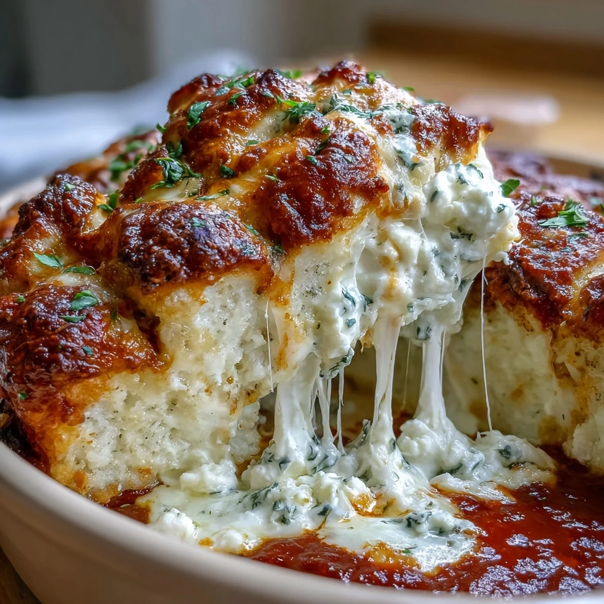 Golden cottage cheese bake topped with mozzarella, marinara, and fresh basil for a cozy pizza twist.