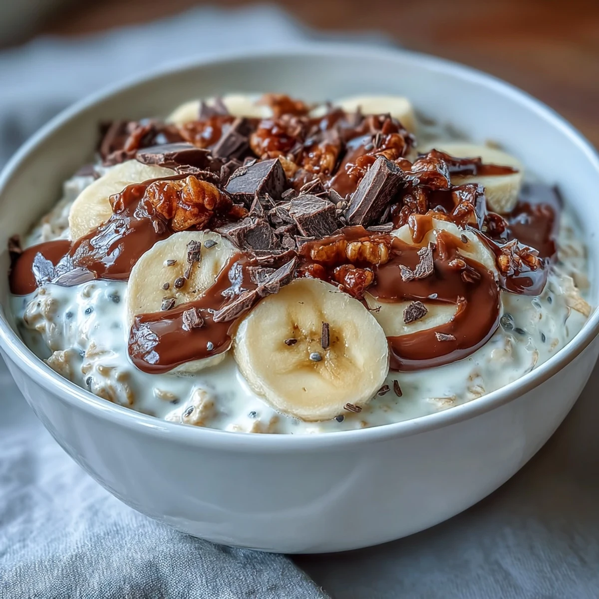 Creamy overnight oats topped with fresh banana slices and rich dark chocolate chunks, a healthy no-cook breakfast.