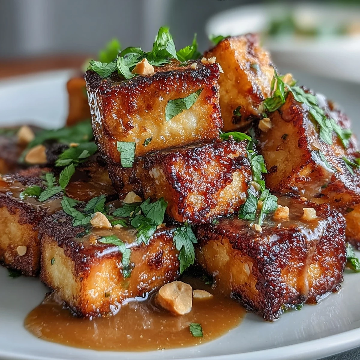 Golden, crispy tofu served with rich peanut sauce, perfect as a plant-based appetizer or main dish.