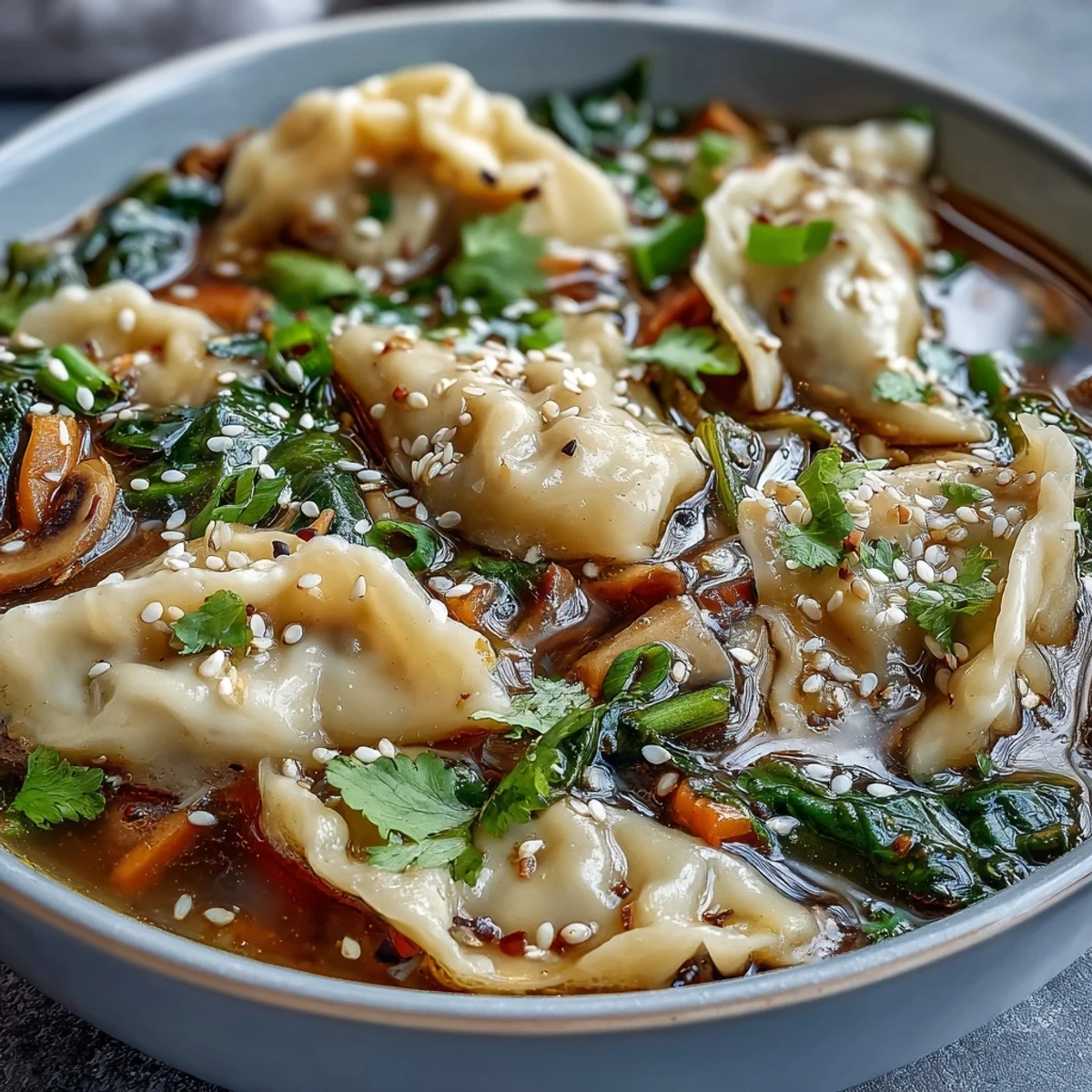 A steaming bowl of Asian dumpling soup with tender dumplings, fresh bok choy, and fragrant ginger in a savory broth.  