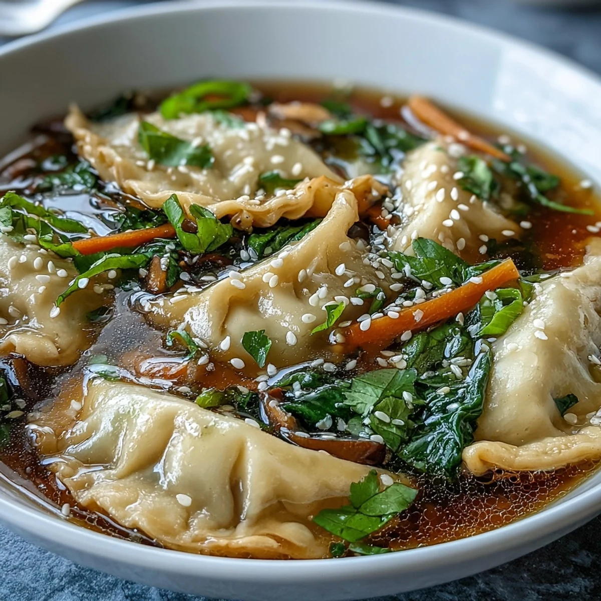 Vibrant Asian dumpling soup featuring crisp bok choy, sliced carrots, and juicy dumplings in a light, gingery broth.  