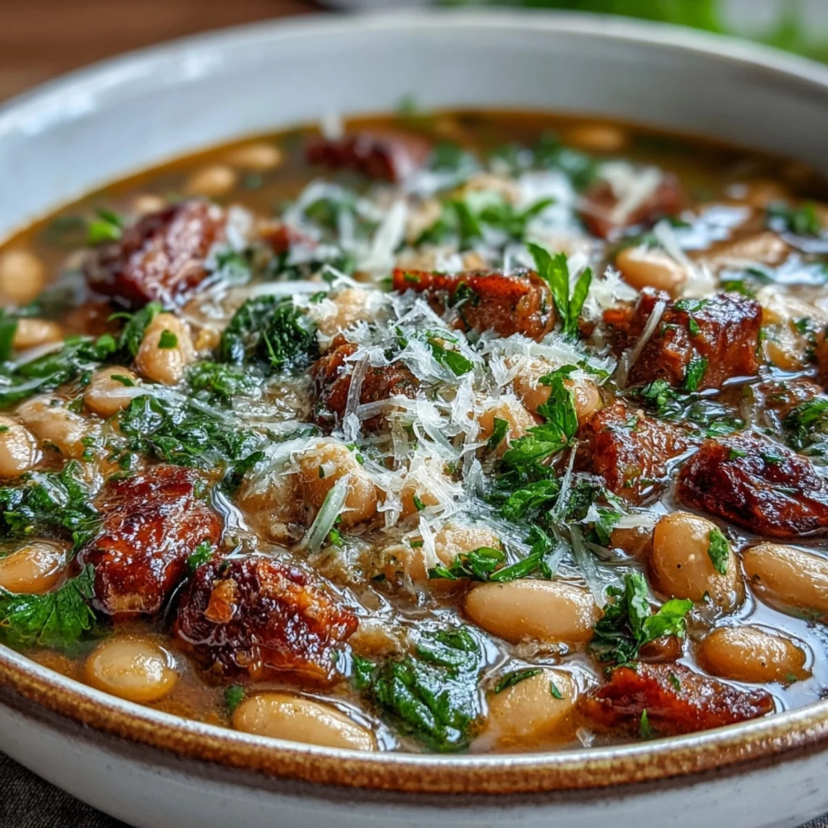 A steaming bowl of ham and cannellini bean stew with tender vegetables and savory broth, garnished with fresh parsley and Parmesan cheese.