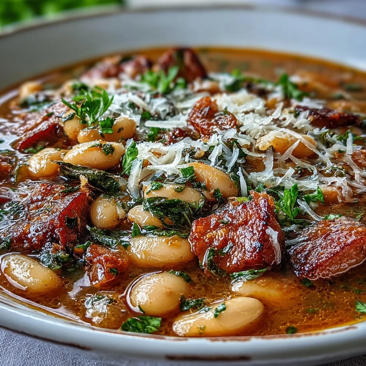 Creamy cannellini beans and diced ham simmered with carrots, celery, and tomatoes in a rich, aromatic Italian stew perfect for cold weather comfort.