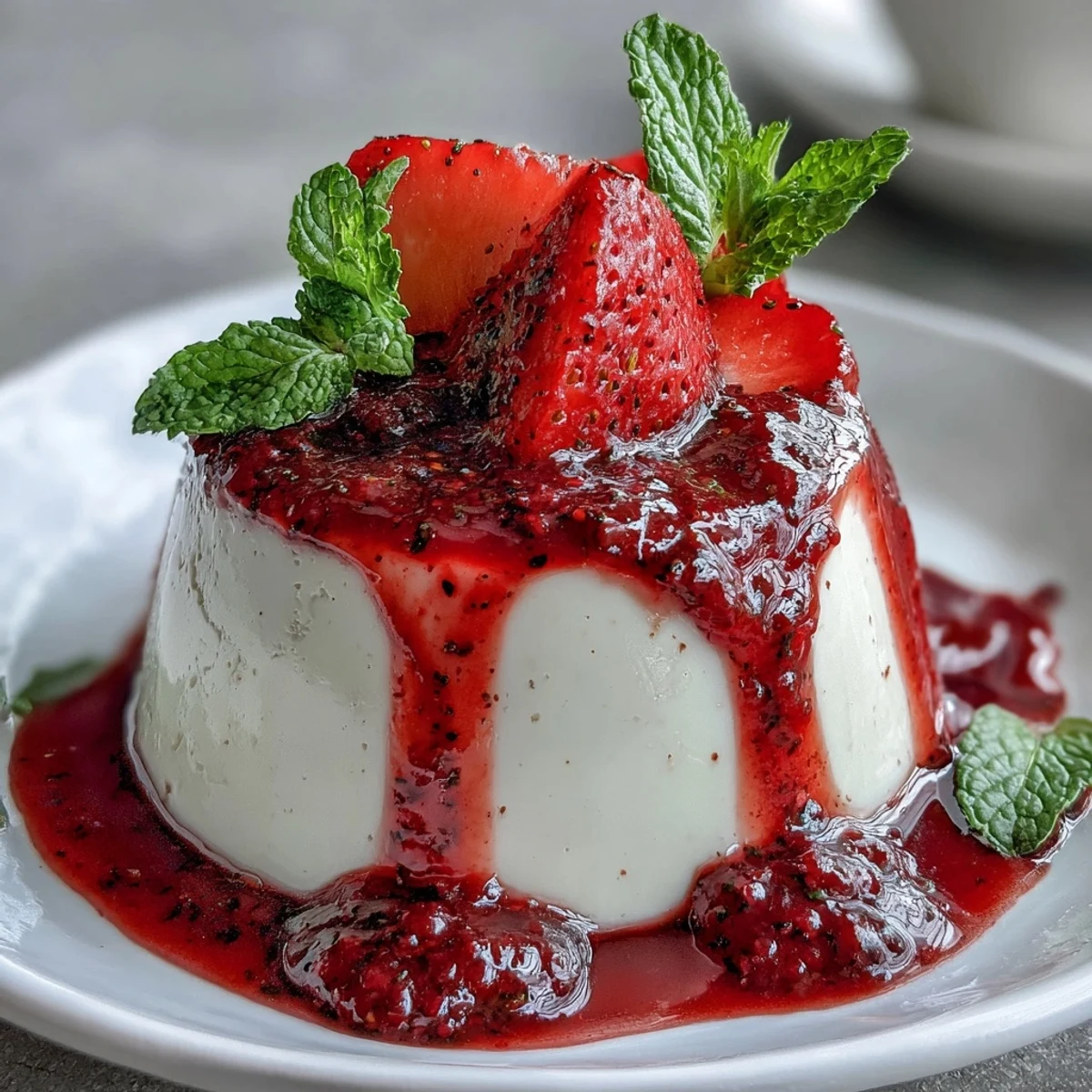 Silky vanilla panna cotta topped with vibrant strawberry sauce, garnished with fresh berries and mint leaves.