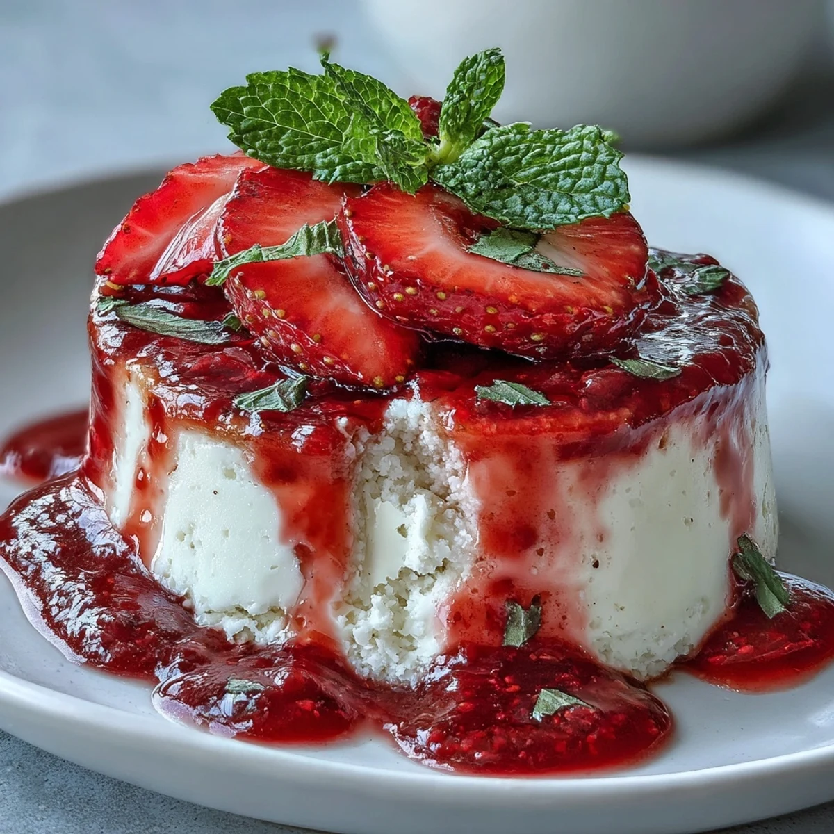 Creamy Italian dessert with smooth vanilla custard base and bright red strawberry coulis for a romantic treat.
