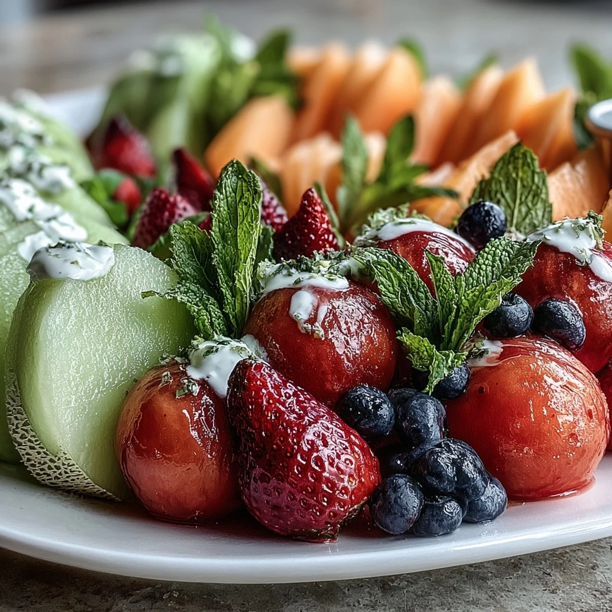 Vibrant melon fruit platter with honey-lime yogurt dip, featuring watermelon, cantaloupe, and fresh berries for a refreshing summer appetizer.  