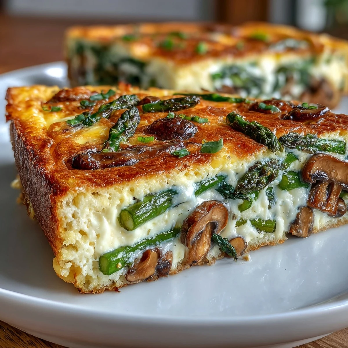 Golden asparagus and mushroom frittata baked over a crisp sourdough crust, perfect for spring brunch or a light dinner.  