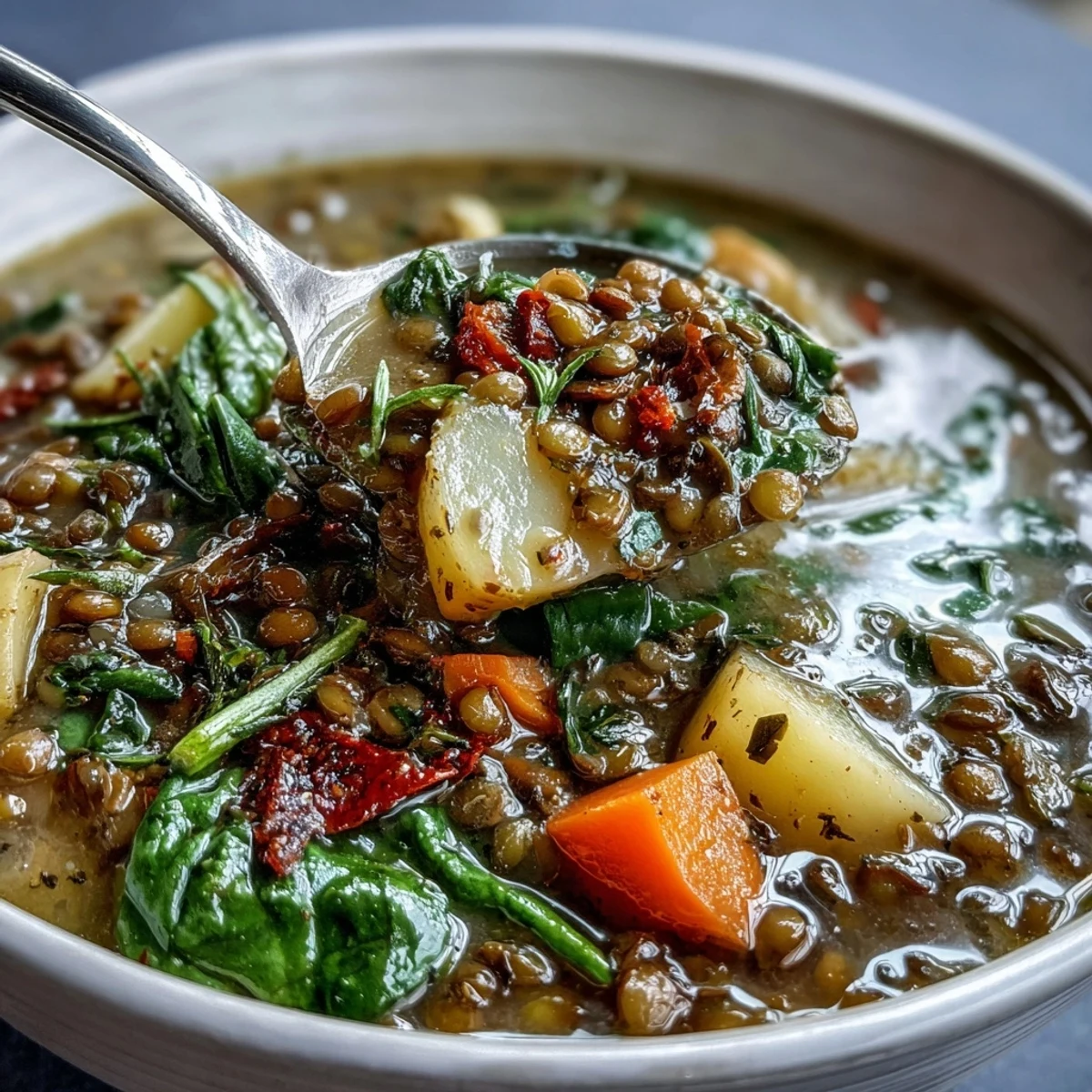 Hearty little sprout green lentil stew with tender carrots and potatoes in a fragrant herb broth.  