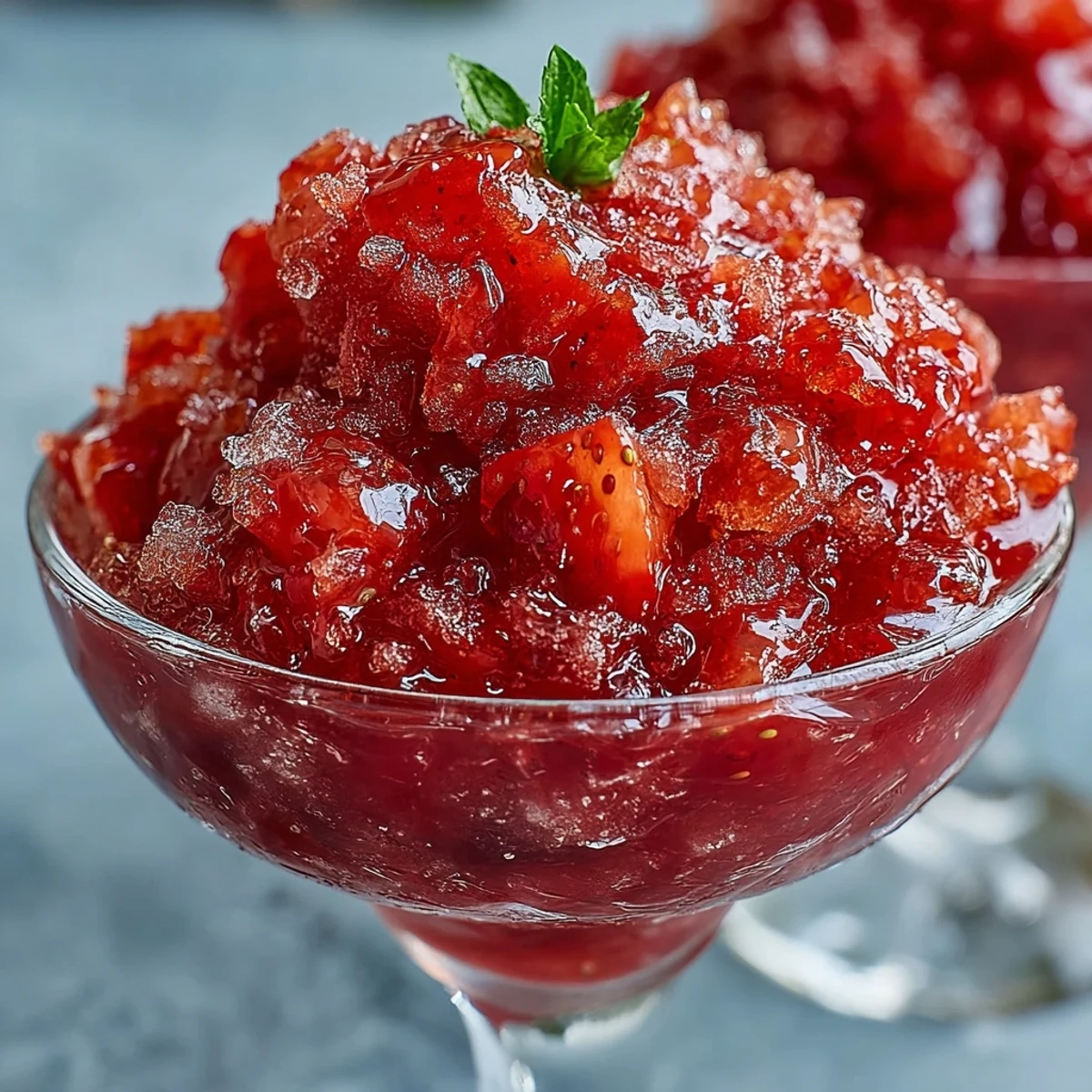 Strawberry Pineapple Daiquiri Freezer Pouches in icy slush form, garnished with fresh strawberry slices and a lime wedge for a tropical cocktail vibe.  