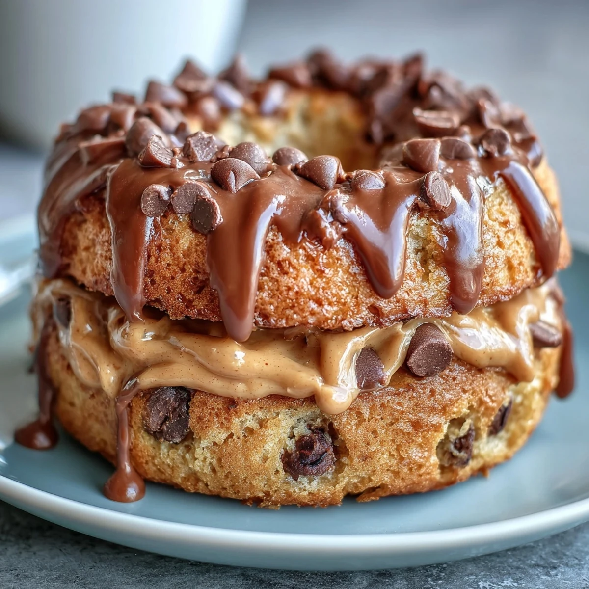 Soft, chewy protein bagels studded with chocolate chips, finished with a sweet peanut butter drizzle, ideal for fueling your day.