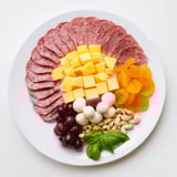 Lion King savory meat and cheese platter with salami, cheddar, and colorful mango slices ready to eat.