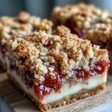 Freshly baked Rhubarb and Custard Crumble Bars cut into squares on a rustic wooden serving board.