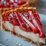 Freshly assembled Rhubarb, White Chocolate, and Elderflower Tart garnished with pistachios, served on a marble platter.