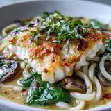 Steaming bowl of Poached Cod With Spiced Coconut Broth and Udon Noodles garnished with fresh herbs.