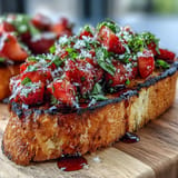 Glistening strawberry balsamic bruschetta appetizer, a perfect bite on toasted sourdough.