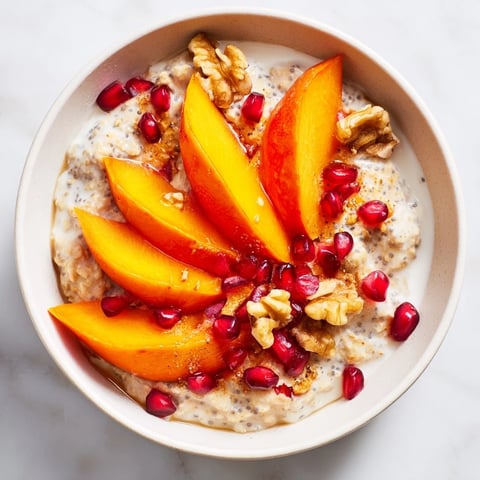 A bowl of creamy overnight oats with persimmon, pomegranate, and chia seeds, a healthy breakfast.