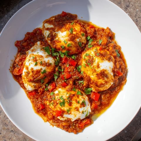 Savoury Baked Eggs in Tomato Sauce, bubbling in a skillet, ready for crusty bread and a delicious brunch.