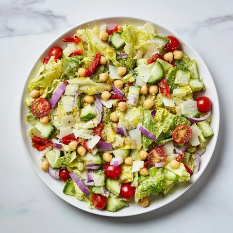 Vibrant La Scala Chopped Chickpea Salad, showcasing colorful tomatoes and cucumbers with creamy chickpeas and cheese.
