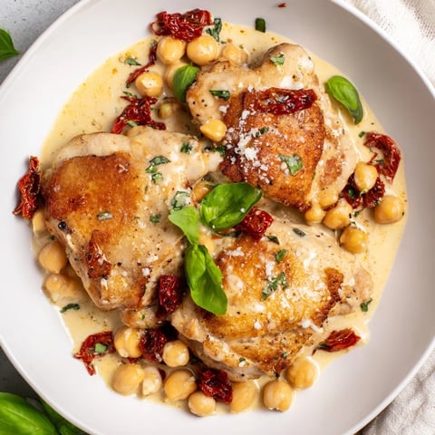 Creamy High-Protein Marry Me Chicken and Chickpeas, showing tender chicken with chickpeas, ready to devour.
