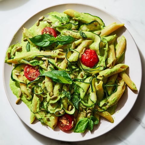 Creamy Vegan Green Goddess Pasta with blended spinach, ready to serve with fresh tomatoes, zucchini, and basil.