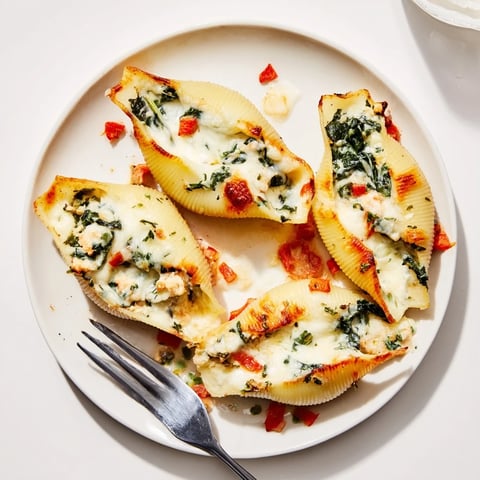 A beautiful plate of High-Protein Cottage Cheese Alfredo Christmas Shells, bubbly and golden from the oven.