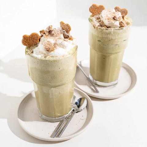 Sugar-Free Gingerbread Cookie Matcha Frappe, a green and creamy beverage, garnished with whipped cream.