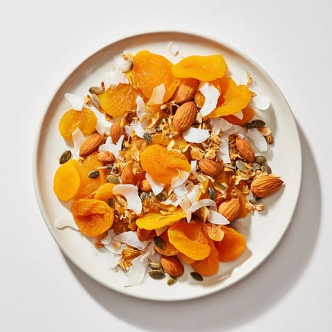 Vibrant close-up of Almonds and Dried Apricots Simple Pile, a healthy snack piled high on a white plate.