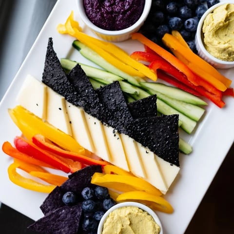 Zig-Zag Lightning Strike appetizer platter with vibrant red peppers, cheese, and fresh dips.