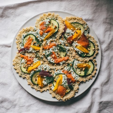 A photo showcases the elegant Infinity Loop Flow, featuring artfully arranged salmon and vegetables.