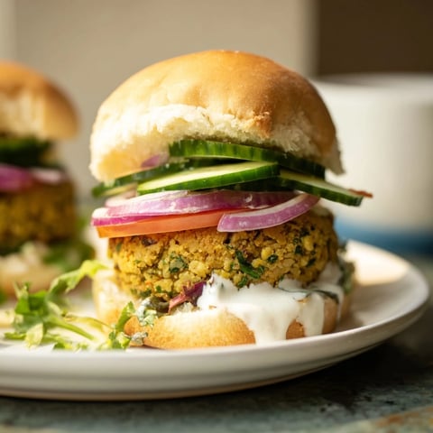 Golden-brown baked falafel sliders, filled with fresh veggies and tahini, ready to eat.