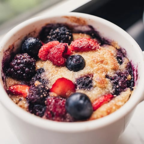 Mixed berry cobbler mug cake bubbling hot from the microwave, ready for a delicious, single serving.