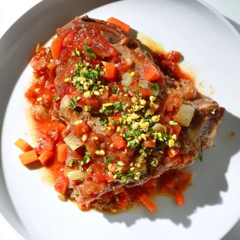 A close-up of Osso Buco with meltingly tender veal shanks in a rich, savory sauce.