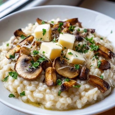 Creamy Italian Mushroom Risotto, garnished with fresh parsley, offers an enticing savory aroma.