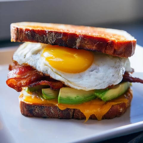 A close-up of the loaded breakfast sandwich, featuring crispy bacon, creamy avocado, and a runny egg yolk on toasted sourdough.