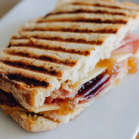 Golden-brown Crispy Prosciutto & Fig Panini on a wooden board, showing melted fontina and fig jam.