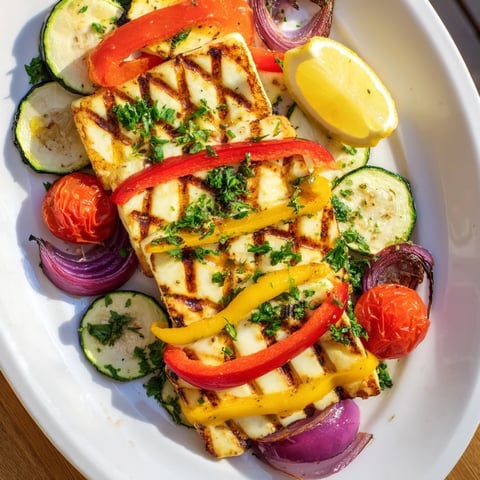 Golden-brown grilled Halloumi Cheese Steak slices topped with colorful charred peppers and zucchini on a rustic wooden board, garnished with fresh parsley.