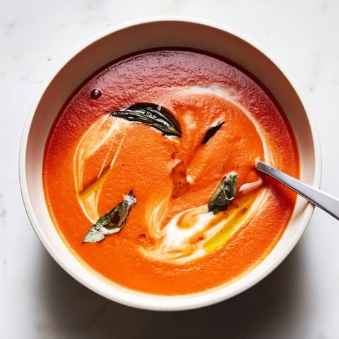 A warm bowl of Tomato and Basil Soup, garnished with fresh basil leaves and a drizzle of olive oil beside crusty bread.  