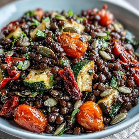 A close-up of the finished Black Lentil Salad, highlighting glossy roasted vegetables and crumbled feta on a dark ceramic plate.